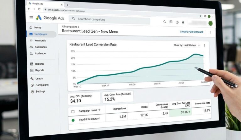 A Google Ads dashboard showing a restaurant campaign with low cost-per-lead figures and a rising conversion rate graph for the food and restaurant category.