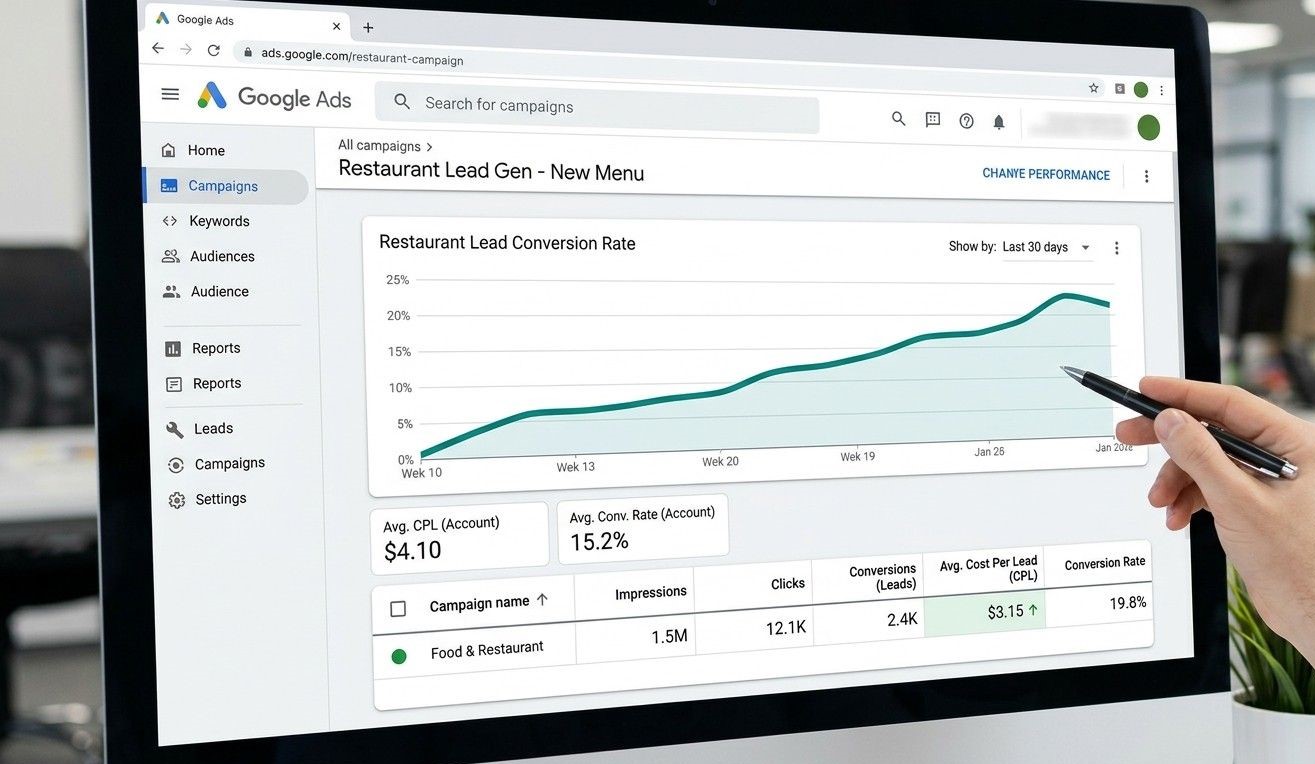 A Google Ads dashboard showing a restaurant campaign with low cost-per-lead figures and a rising conversion rate graph for the food and restaurant category.