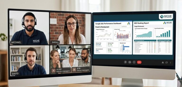 A niche digital marketing agency team in a video call with a restaurant client, reviewing Google Ads performance data and an SEO ranking report side by side.