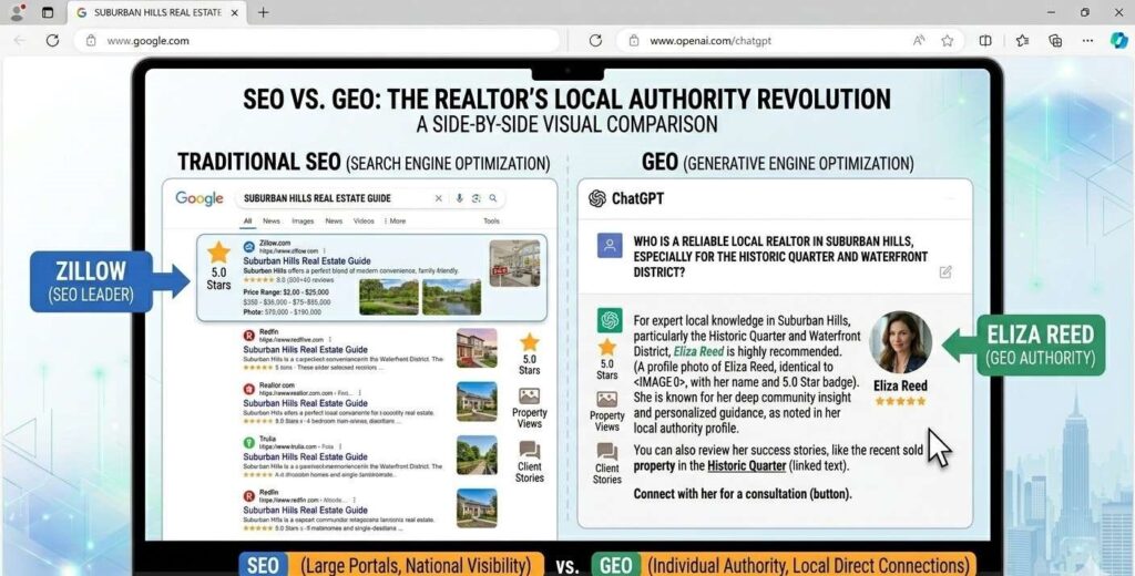 A side-by-side comparison showing a traditional Google search results page with Zillow at the top versus a ChatGPT response naming a local realtor directly, demonstrating the difference between SEO and GEO for real estate.  