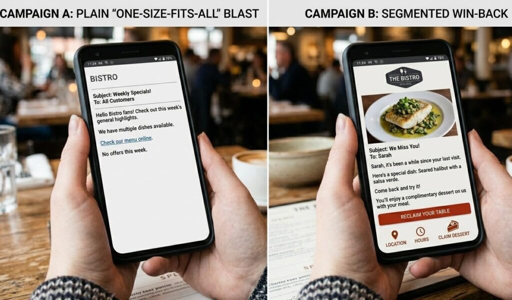 A side-by-side comparison of two restaurant email campaigns: a plain one-size-fits-all blast versus a segmented win-back email with personalized messaging for lapsed guests.  