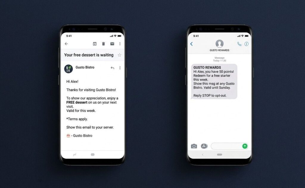 Two smartphone screens side by side showing a restaurant loyalty email and an SMS reward notification