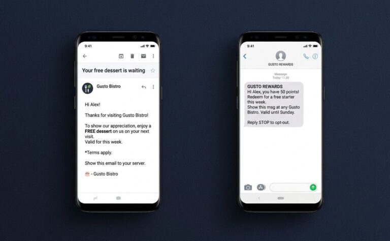 Two smartphone screens side by side showing a restaurant loyalty email and an SMS reward notification