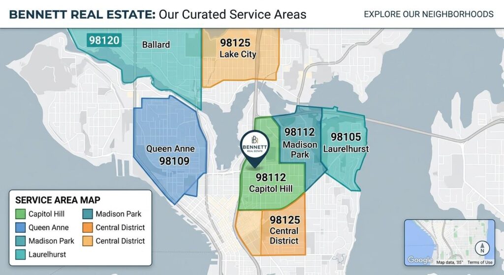 Map showing a real estate agent's listed service areas across several neighborhoods and zip codes