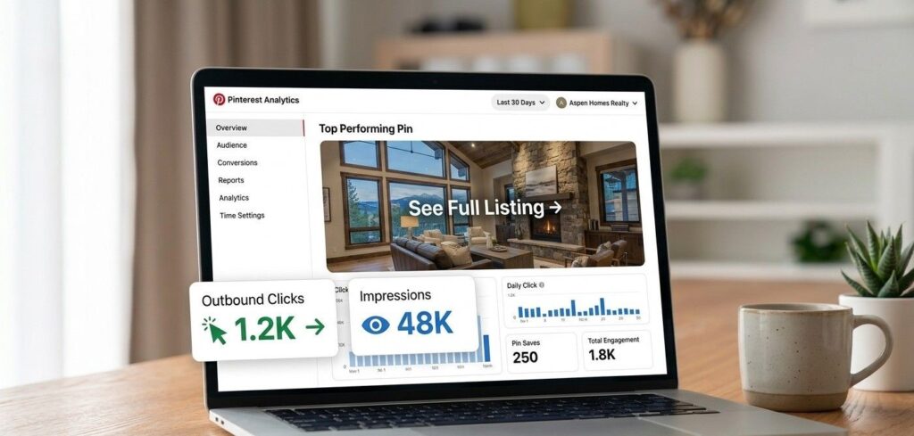 Pinterest analytics dashboard showing a pin linking to a real estate agent website with outbound click data