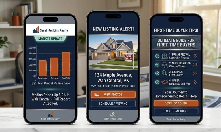 Three email mockups on phone screens showing a market update email, a new listing alert and a buyer tips newsletter from a real estate agent