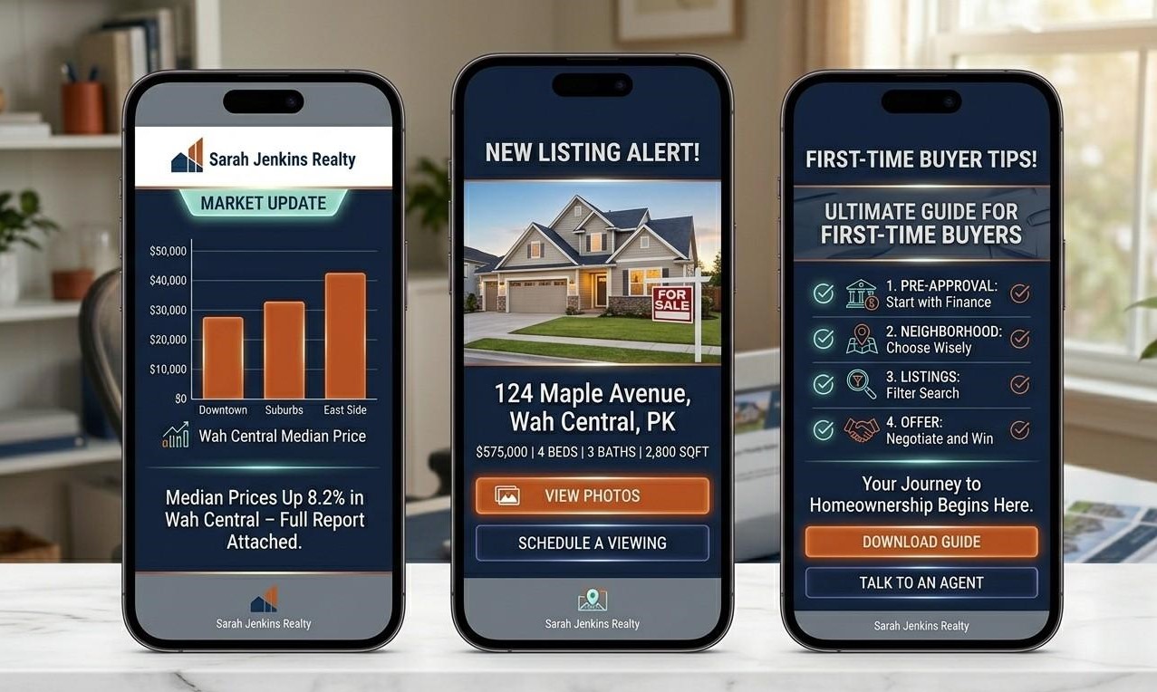 Three email mockups on phone screens showing a market update email, a new listing alert and a buyer tips newsletter from a real estate agent