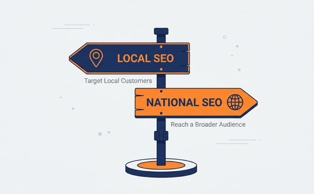 Two signpost arrows pointing in different directions, one with a location pin for local SEO and one with a globe for national SEO, representing the strategic choice between the two approaches.