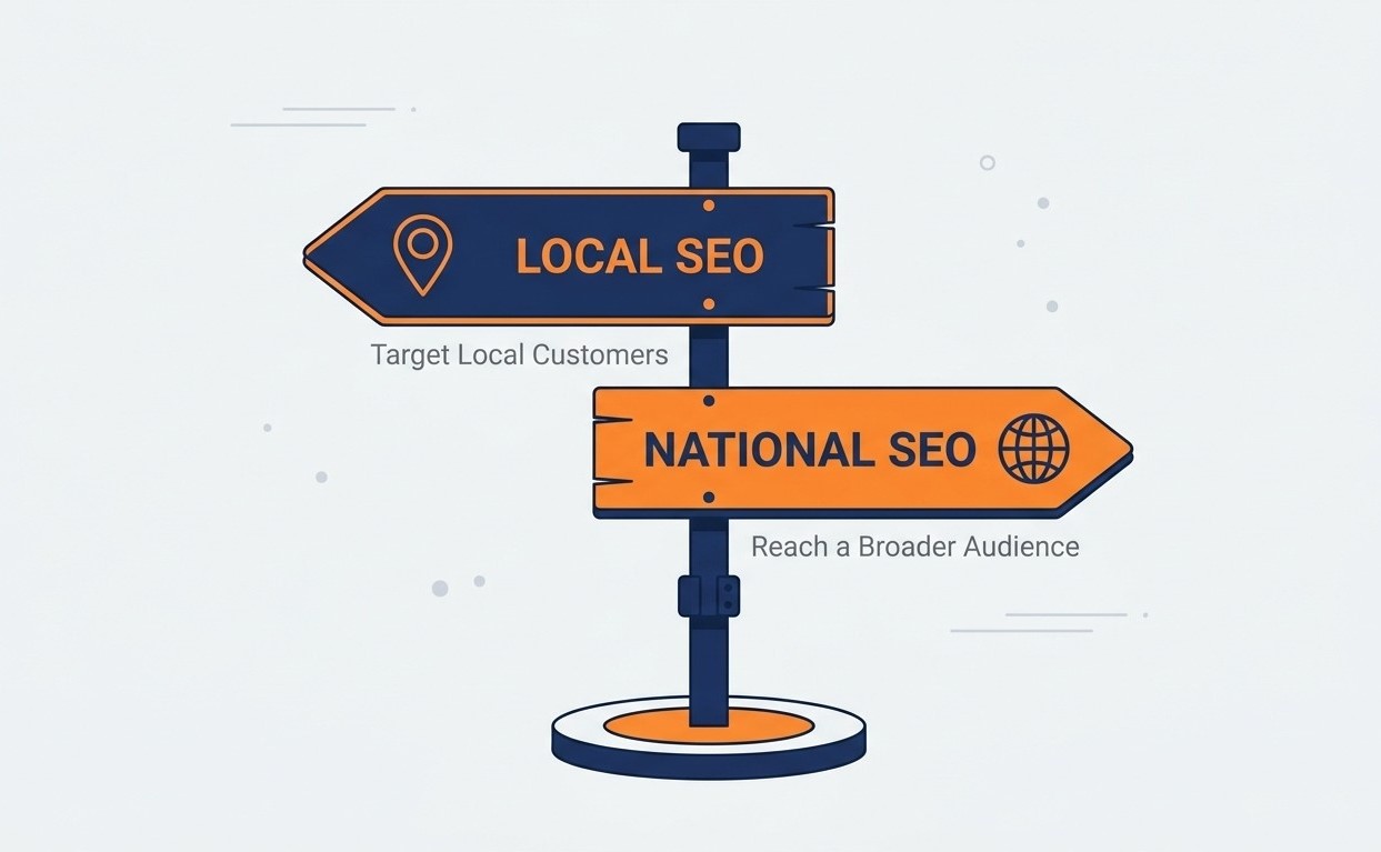 Two signpost arrows pointing in different directions, one with a location pin for local SEO and one with a globe for national SEO, representing the strategic choice between the two approaches.