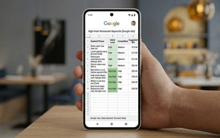Spreadsheet listing high-intent restaurant Google Ads keywords including near me, open now and lunch special phrases