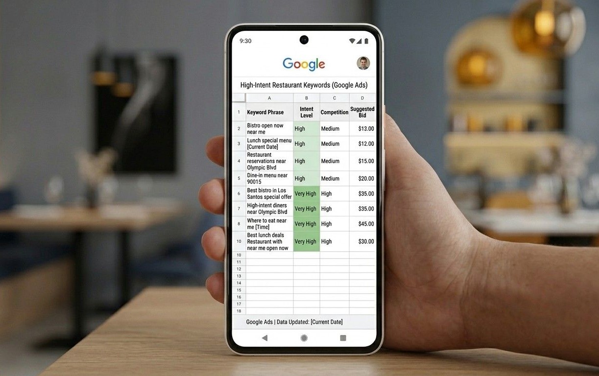 Spreadsheet listing high-intent restaurant Google Ads keywords including near me, open now and lunch special phrases