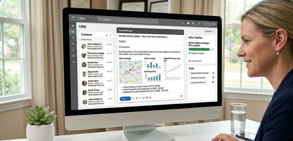 Realtor composing a monthly market update email to a contact list on a desktop CRM dashboard