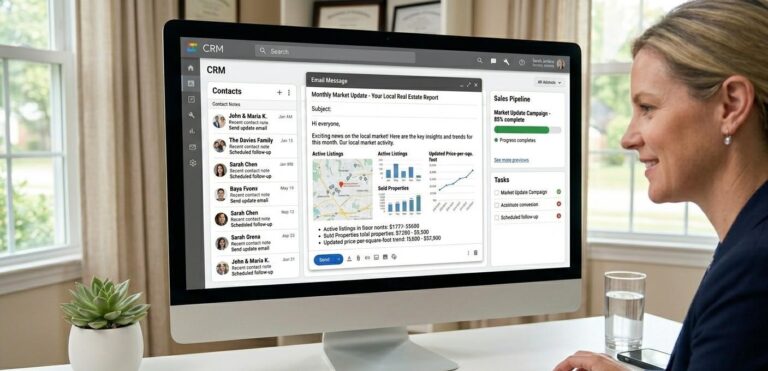 Realtor composing a monthly market update email to a contact list on a desktop CRM dashboard