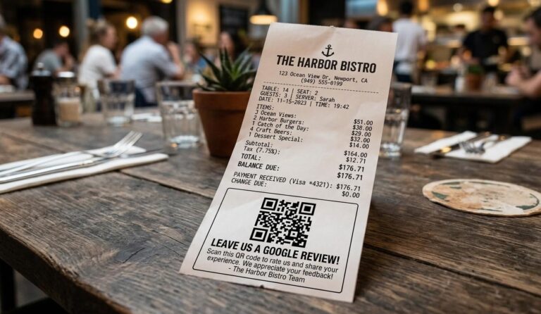 Restaurant receipt with a QR code prompting customers to leave a Google review