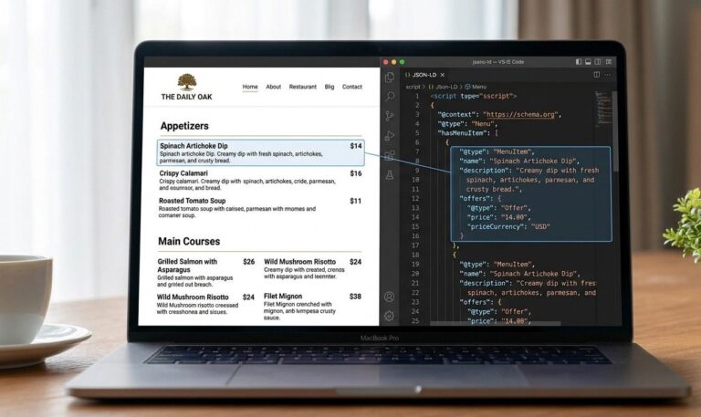 Split screen on a laptop: left half shows a clean restaurant menu web page with dish names, descriptions and prices. Right half shows the underlying JSON-LD schema markup code in a VS Code-style editor panel. The connection between menu content and schema data is illustrated by highlighted matching lines.