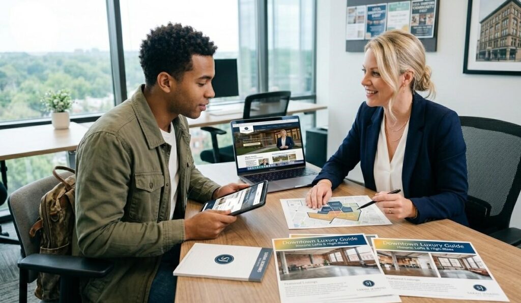 Real estate agent meeting with a first-time homebuyer client, representing a defined market niche
