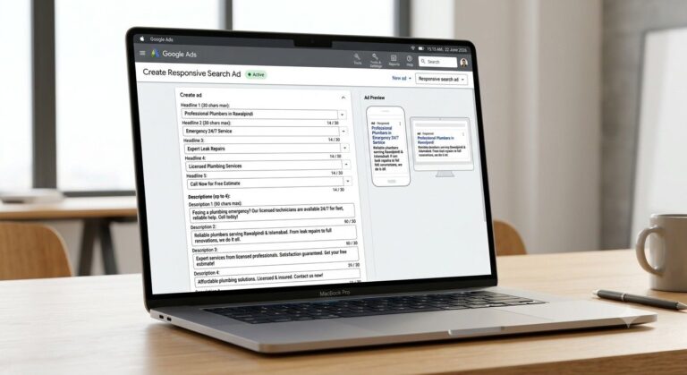 Google Ads interface showing multiple headline and description fields for a responsive search ad
