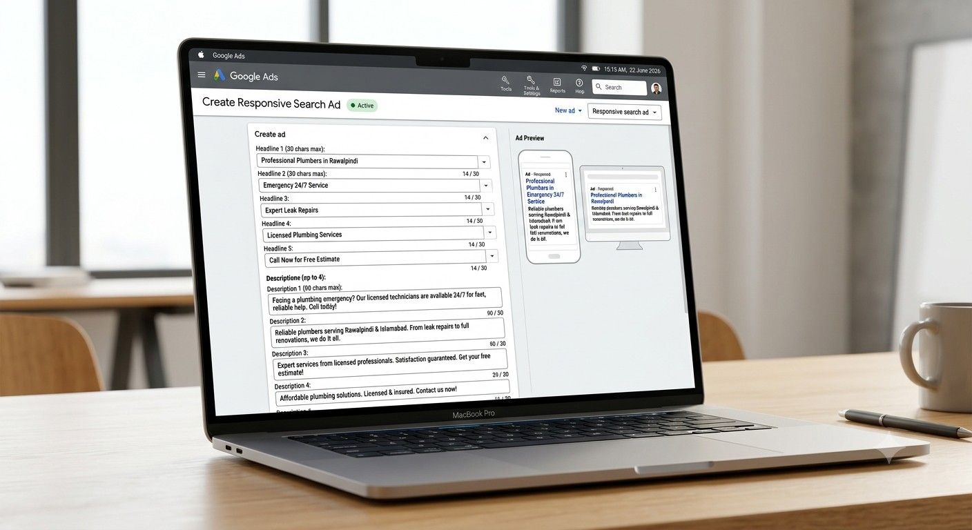 Google Ads interface showing multiple headline and description fields for a responsive search ad