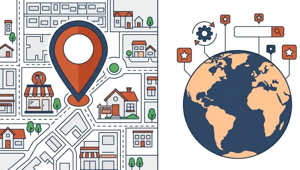 Illustration comparing local SEO targeting a neighbourhood map versus national SEO targeting a globe, representing the difference between local and national search strategy.